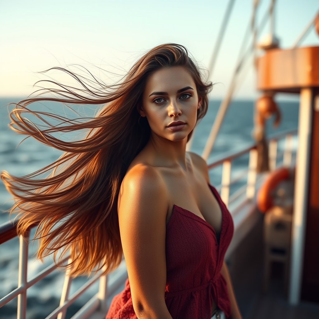 Create a portrait of a woman with flowing hair standing on a ship, with the ocean in the background, shot with a Canon EOS R5, 50mm lens, f/1.8, ISO 100, aperture priority mode, soft natural lighting for a dramatic effect.