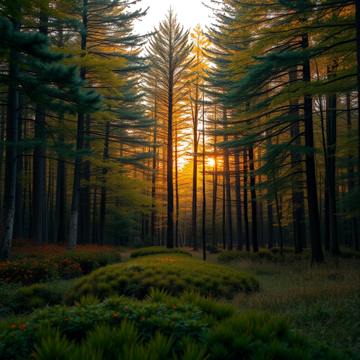 Create a high-resolution image of a serene forest landscape during the golden hour, with vibrant colors and soft lighting, captured using a Canon EOS 5D Mark IV, 50mm lens, aperture f/2.8, ISO 100, with a slight tilt to add depth, and a wide-angle view for an expansive perspective.