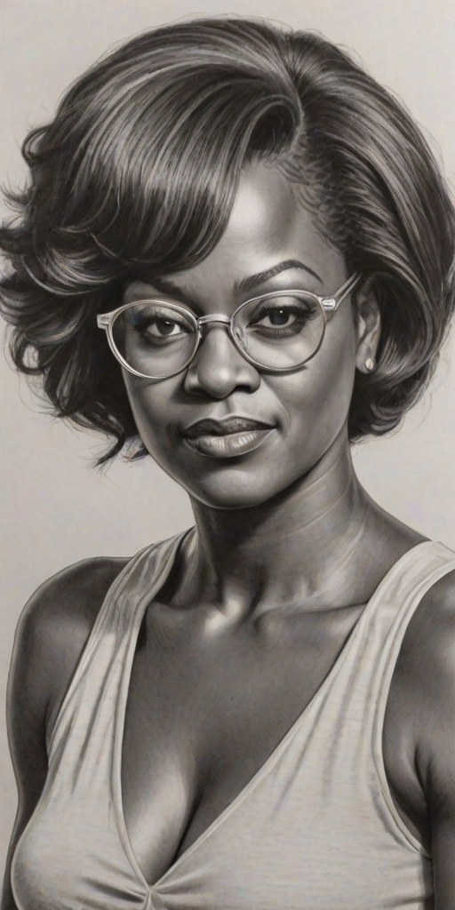 Attractive Viola Davis, pencil sketch, portrait of Splendid woman 1971s in glasses, hair style beatnik, outline, clear lines, fine lines, 8k