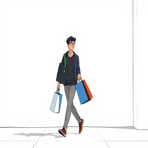 Create an illustration of a young man walking with shopping bags in a minimalist style, using a Canon EOS R5 with a 50mm lens, aperture f/2.8, ISO 100, and soft natural lighting for a clean look.