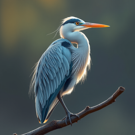 Create a detailed illustration of a heron perched on a branch, capturing its elegant posture and features, use a high-resolution digital art style, camera settings: f/5.6 aperture, ISO 100, 1/200 sec shutter speed, camera type: DSLR, camera view: close-up, focus on texture and color contrast.