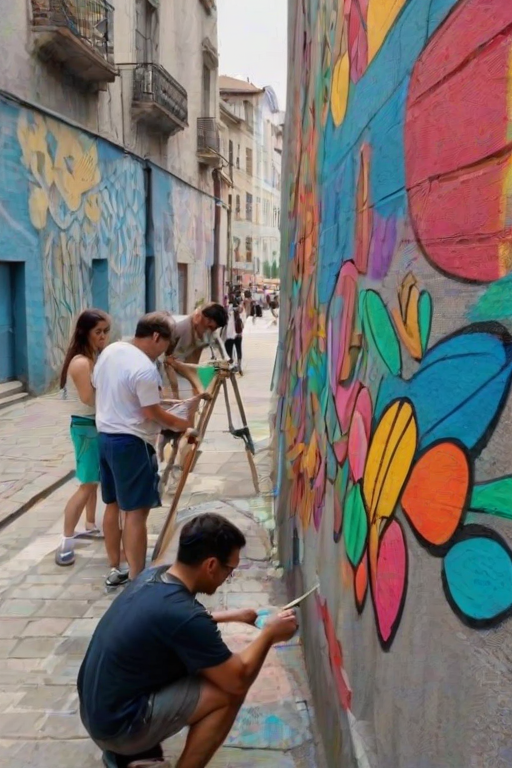 Group of artists painting a mural on a city wall, their vibrant colors bringing life to the dull concrete, while passersby stop to watch.