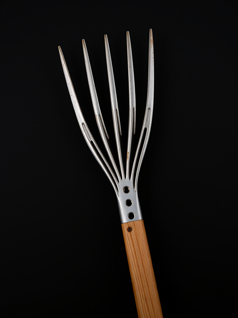 Create a high-quality image of a garden rake on a black background, using a DSLR camera with a 50mm lens, aperture set to f/2.8 for shallow depth of field, ISO 100, and a soft box for even lighting to enhance details and textures.