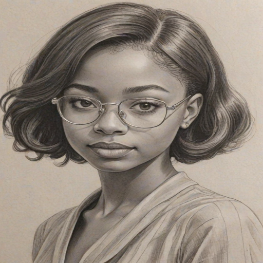 Beauteous Skai Jackson, pencil sketch, portrait of Graceful woman 1933s in glasses, hair style beatnik, outline, clear lines, fine lines, 8k