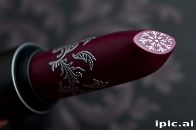 Matte deep plum lipstick with intricate silver filigree designs, named "Gothic Romance," boasting long-lasting wear and a velvety texture, ideal for dramatic evening ensembles