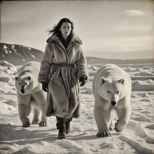 A very old photograph in black and white. The photo is badly damaged, faded, with scratches, tears, smudges and dirt. The photo is ultra-realistic and very detailed. It's a picture of an Arctic warrior. She is walking serenely towards the camera. At her side walks a majestic polar bear. Its fur shines in the sunlight. Snow, ice, sea. wind. snow in the air.
