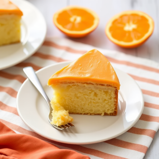 A slice of cake with orange frosting on a white plate placed on a striped cloth with orange slices in the background and a fork beside the plate.