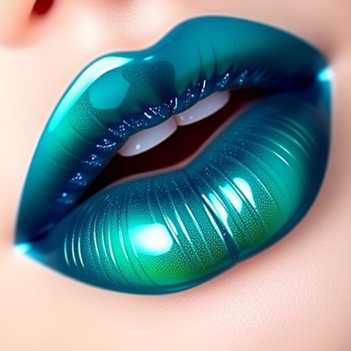 Duochrome teal lip lacquer "Mermaid's Kiss" with blue-green shift and high-gloss finish, perfect for underwater-inspired looks and creative makeup, water-resistant formula