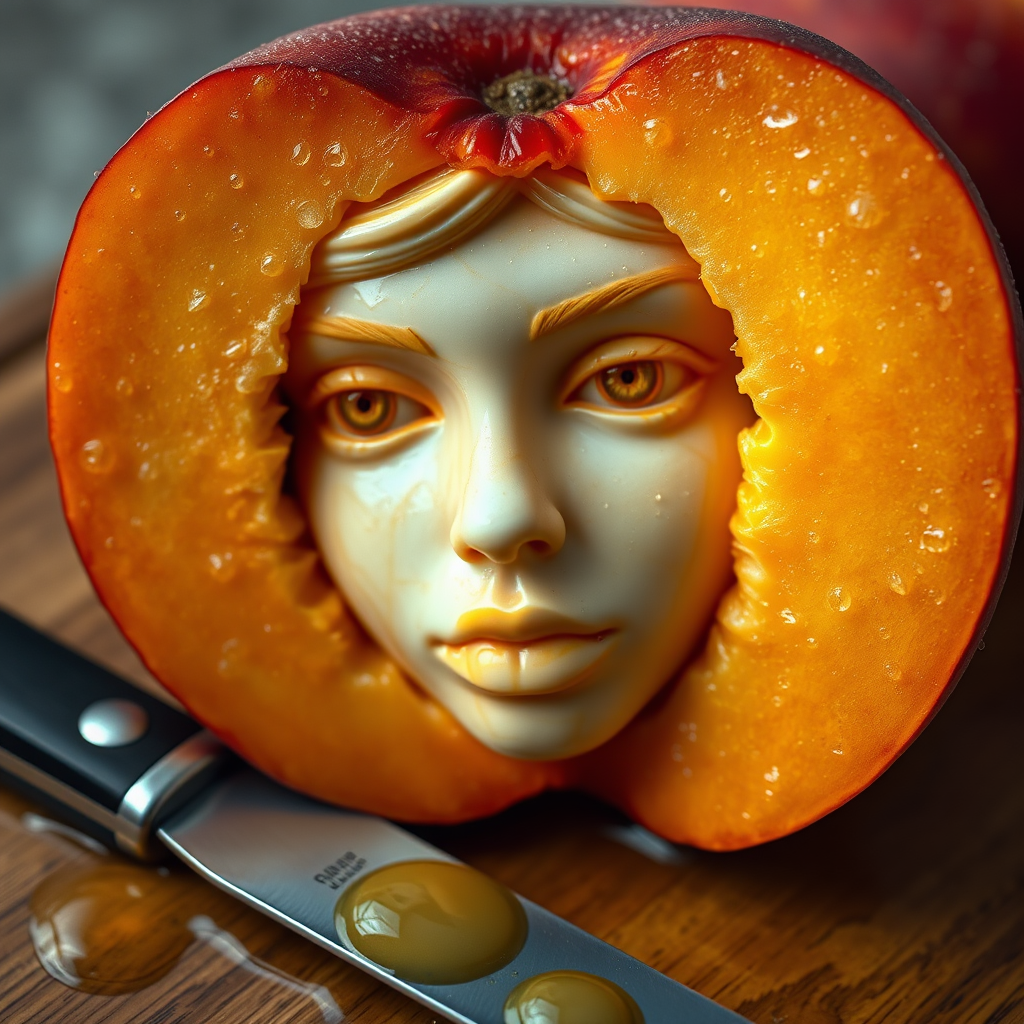 A hyperdetailed photorealistic macro color saturated high resolution image of a peach cut in half, with the peach pit being a highly detailed sculpted woman's face with her eyes open and peach-colored irises. The face has a marble texture. The image includes condensation, moisture, and peach juice. The peach is on a wooden cutting board with a small fruit knife nearby, also covered with juice.