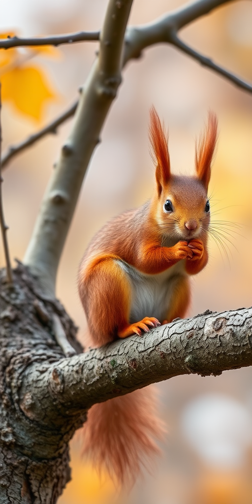 High-resolution image of a red squirrel perched on a branch of a tree, captured with a Canon EOS 5D Mark IV camera, 85mm lens, f/2.8 aperture, ISO 200, and a shutter speed of 1/250 sec for a shallow depth of field and rich colors in a natural setting.
