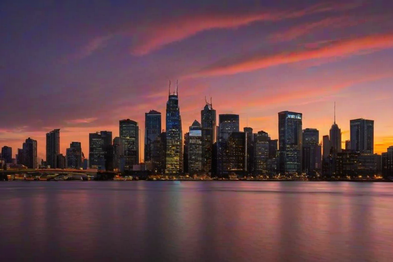Dramatic sunset over a city skyline, skyscrapers silhouetted against a colorful sky, and the first stars appearing as the day transitions into night.