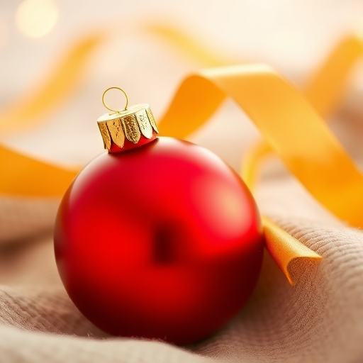 Create an image of a close-up view of a shiny red Christmas ornament with a golden decorative cap, lying on a soft, textured surface. Include a flowing golden ribbon in the background, softly blurred to create a warm, festive atmosphere. The lighting should be soft and warm, enhancing the holiday spirit.