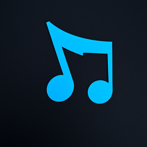 Create a minimalist design featuring two blue music notes on a black background, captured with a DSLR camera, 50mm lens, f/1.8 aperture, ISO 100, in natural light for enhanced clarity and contrast.