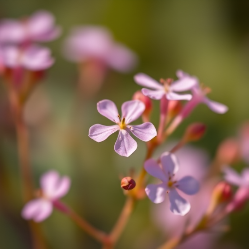 macro shot of delicate pink flowers with a soft bokeh background, aperture f/2.8, shutter speed 1/200 sec, ISO 100, focal length 60mm, taken with a DSLR camera in natural light
