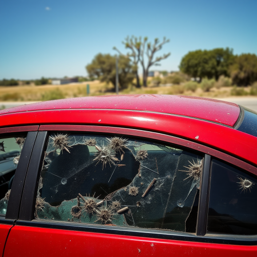 A red car riddled with bullet holes and shattered windows, parked under clear skies in an open area.