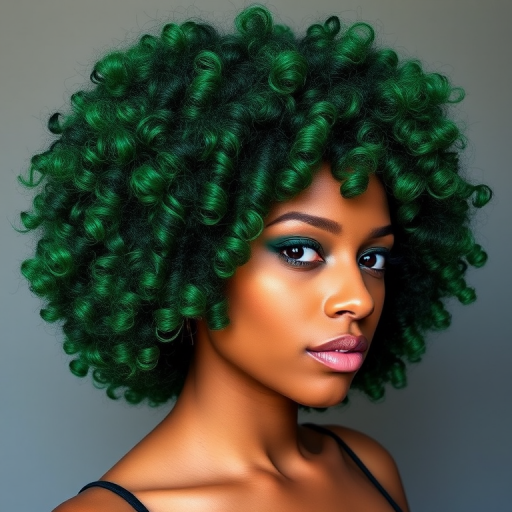 Bold emerald green hair color in a voluminous curly afro, Verdant Crown style, celebrating natural texture with defined coils and a vibrant jewel-toned hue