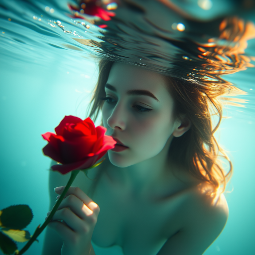 A woman underwater, gazing at a rose Her face is reflected in the water's surface The scene is illuminated by sunlight filtering through the water The atmosphere is serene and contemplative