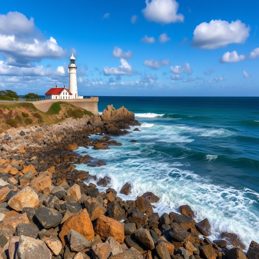 a scenic coastal view of a lighthouse on a rocky beach with waves crashing against the shoreline, shot with a Canon EOS R5 at f/8, ISO 100, 24mm lens, wide-angle perspective, vivid colors and high dynamic range, clear blue sky with scattered clouds