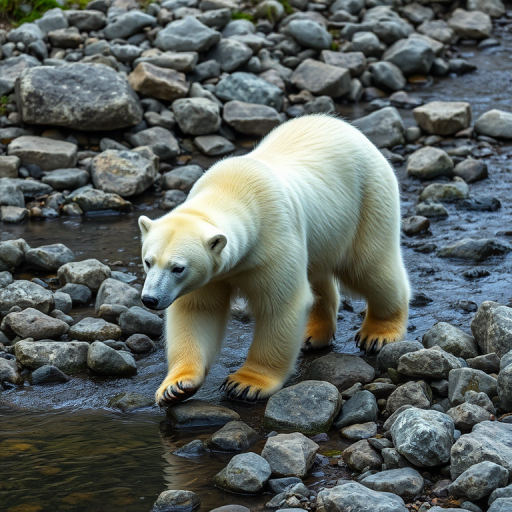 polar bear walking beside a stream surrounded by stones, natural lighting, 50mm lens, f/2.8 aperture, ISO 200, shutter speed 1/500 sec, low angle view, high definition DSLR camera