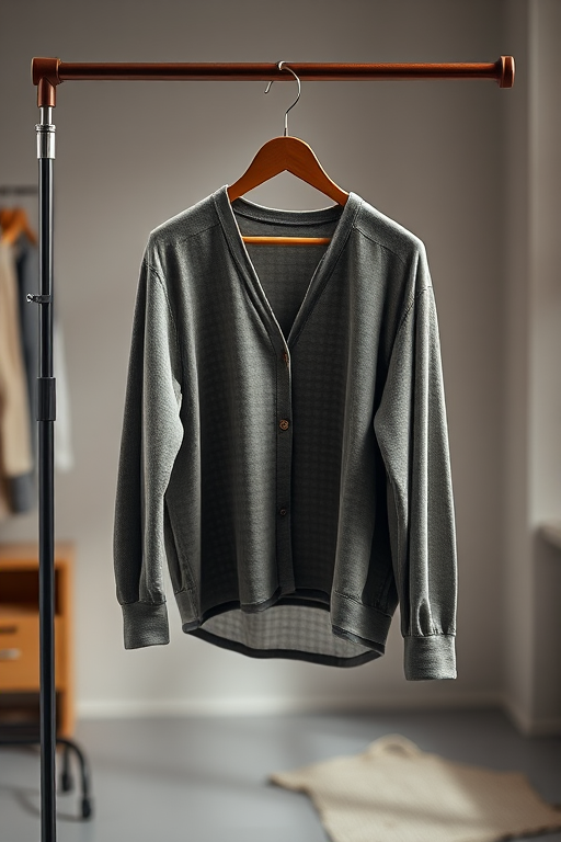 Create a highly detailed and realistic image of a clothes stand with a garment hanging on it, shot with a DSLR camera at f/2.8 aperture, ISO 100, 50mm lens, in a well-lit studio setting, with a shallow depth of field to enhance the garment's texture and colors.