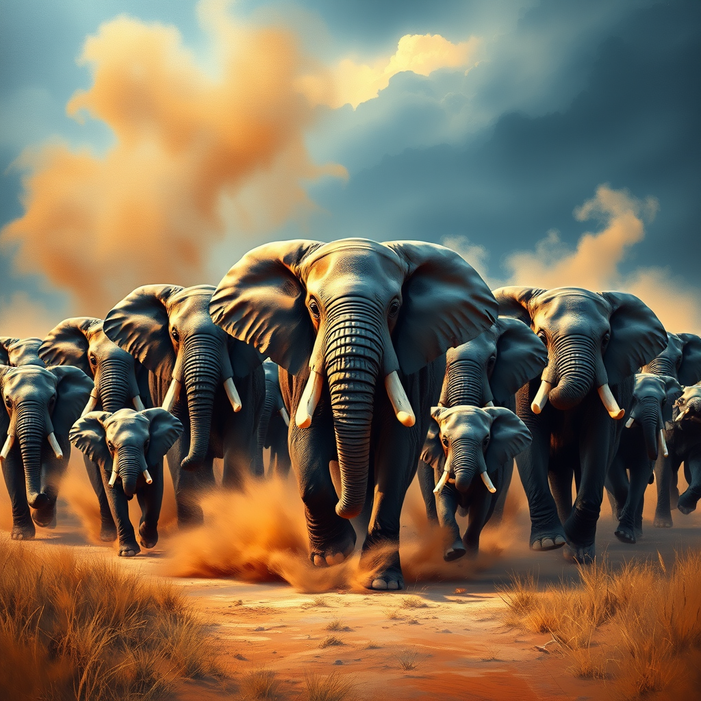 vivid colourful hyper-realistic Oil Painting. a charging group of many large angry elephants. A huge dominating bull elephant leads with huge white tusks ears. Includes a  baby elephant.  Lots of swirling dust whirling around them rising high and being kicked by their feet. Dark dramatic blue-grey fills the sky with warm breaking through. Colourful oil painting style. dry grass on the ground on each side. dark soft graduated band across top of picture. Warm colour. Art Look added in Topaz.
