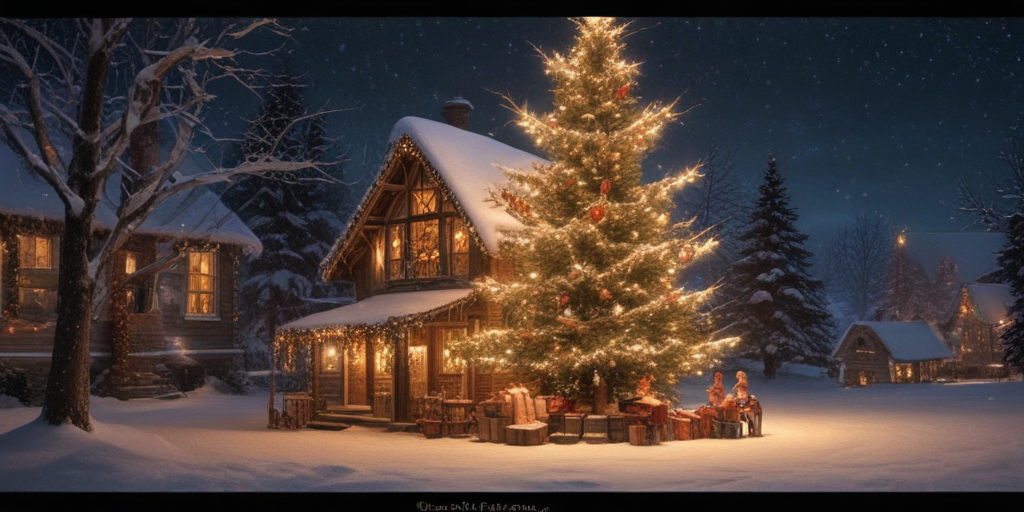 Cozy Winter Wonderland Scene Featuring a Festively Decorated Christmas Tree