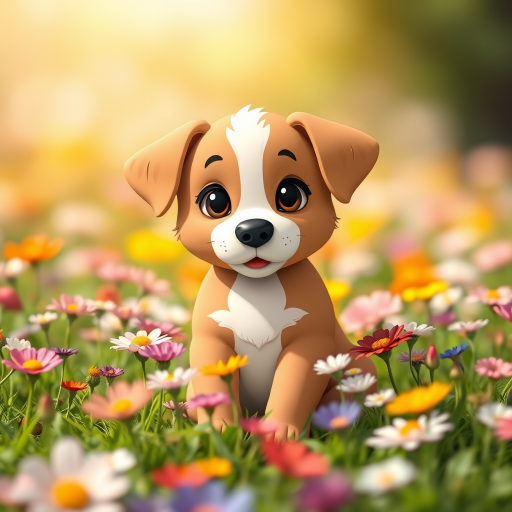 A cute cartoon puppy sitting in a field of colorful flowers, bright sunny day, soft focus background, photo taken with a DSLR camera at f/2.8, ISO 100, 50mm lens, natural lighting, vibrant colors.