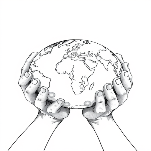 Create a high-resolution illustration of hands gently holding a textured globe depicting continents in a detailed black and white line art style, using a Canon EOS 5D Mark IV camera with a 50mm f/1.8 lens, ISO 100, aperture f/8, and a slight overhead view to capture depth.