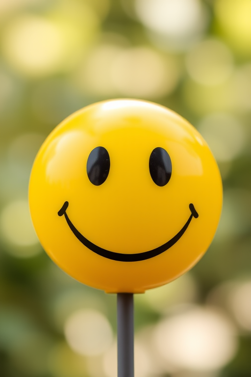 Create a high-resolution image of a yellow smiley face with a neutral expression, using a 50mm lens, f/2.8 aperture, ISO 100, and a soft focus background, shot in natural light with a digital SLR camera.