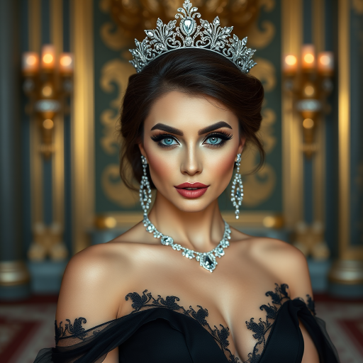 A gorgeous Azerbaijani woman in a luxurious black gown, accessorized with a dazzling tiara and statement earrings, her deep cyan eyes highlighted by impeccable makeup, poised in a royal setting, photorealistic, 8K quality