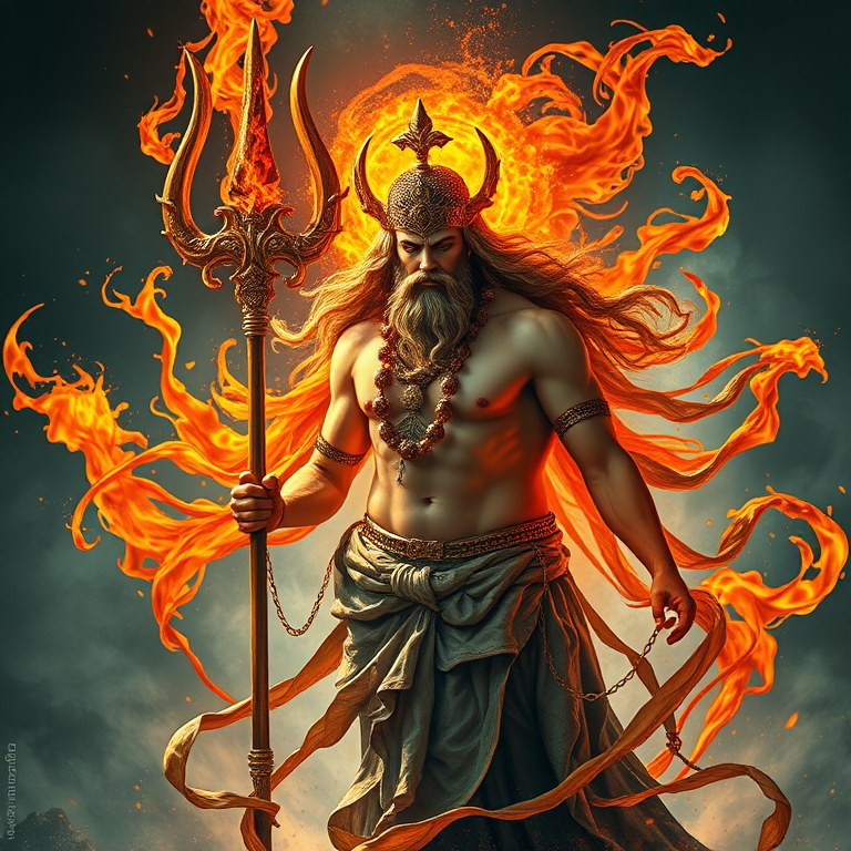 Create a high-resolution image of a mythological figure holding a trident, with an orange and gold aura, surrounded by swirling flames and abstract elements, taken with a Canon EOS R5, 50mm lens, f/1.8 aperture, ISO 100, in natural light.