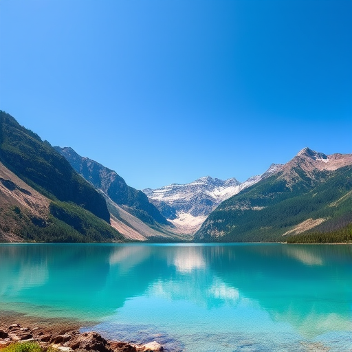 A serene landscape featuring a clear turquoise lake surrounded by mountains under a bright blue sky, taken with a DSLR camera, 24mm lens, f/8 aperture, ISO 100, and a wide-angle view for enhanced depth and clarity.