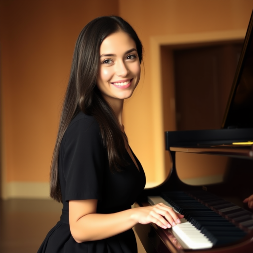A young woman with long, dark hair smiles at the viewer as she sits at a grand piano, her right hand poised over the keys. The scene is lit by warm, natural light, highlighting the elegant simplicity of the woman's black dress. The perspective is from the side, emphasizing the contrast between the woman's delicate form and the grand scale of the piano. The ivory keys and dark wood of the piano create a striking visual contrast, further emphasized by the rich black of her dress.