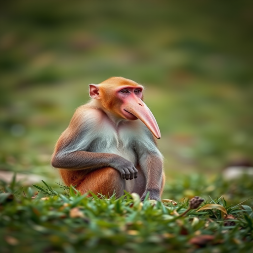 Capture a high-resolution image of a proboscis monkey sitting on a grassy area with a shallow depth of field, using a DSLR camera with a 50mm lens, aperture f/2.8, ISO 200, shutter speed 1/250 sec, natural lighting, and a slightly elevated angle for a clearer view of the monkey's profile.