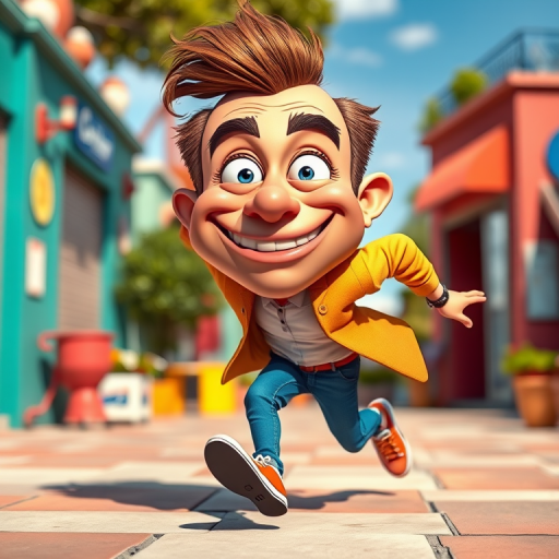 Create a vibrant cartoon character of a quirky, exaggerated man with a large head and a goofy smile running energetically, using bright colors and dynamic poses, captured in a wide-angle view with a digital camera set to f/8, ISO 200, and a shutter speed of 1/500s for enhanced clarity and detail.