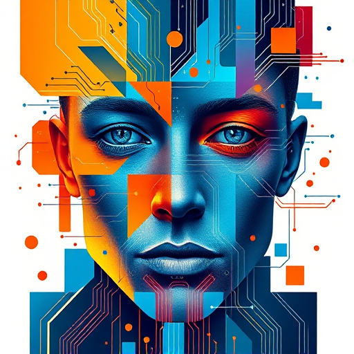 Generate an abstract digital artwork of a face composed of colorful geometric shapes and circuit patterns, with vibrant blues and oranges; use a Canon EOS R5, 50mm lens, f/4 aperture, ISO 100, 1/125s shutter speed, shooting from a slightly elevated angle for a unique perspective.