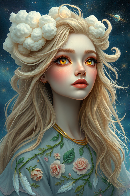 Create a series of imaginative portraits where each subject is infused with elements of fantasy and nature. The hair of the individuals should flow like clouds, varying from soft, fluffy cumulus to wispy cirrus strands, with hints of color reflecting a sunset or a clear blue sky. The eyes should be windows to entire galaxies, with stars, nebulae, and distant planets visible within them. Clothing should be adorned with nature motifs, such as floral patterns that bloom and change, vines that seem to grow and wrap around, or feathers that shimmer with iridescence. Each portrait should capture a unique personality, blending human features with the ethereal beauty of the natural and cosmic world. The backgrounds can vary, from starry night skies to enchanted forests, adding depth and context to the magical realism of the portraits