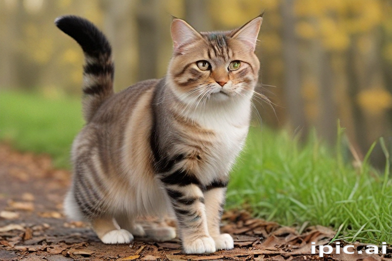 A Majestic Cat Strolling Along a Leafy Path in Autumn.