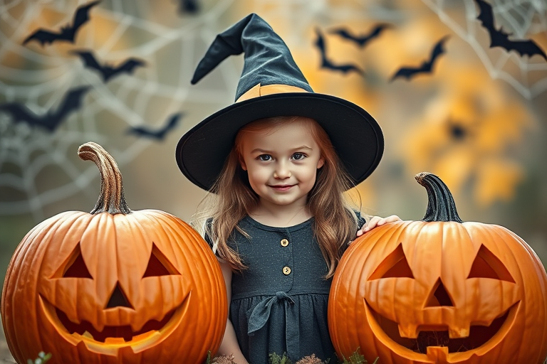 A young girl in a witch's hat standing between two carved pumpkins with spider webs and bats in the background, captured with a Canon EOS R5, 50mm lens, f/1.8, ISO 100, in natural light, portrait orientation.
