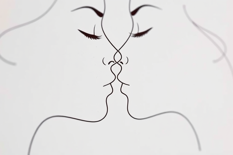 Regenerate a minimalist line art image of two faces kissing, using a 50mm lens with f/2.8 aperture, ISO 100, natural lighting, in a soft focus style, capturing a close-up view that emphasizes the curves and fluidity of the lines.