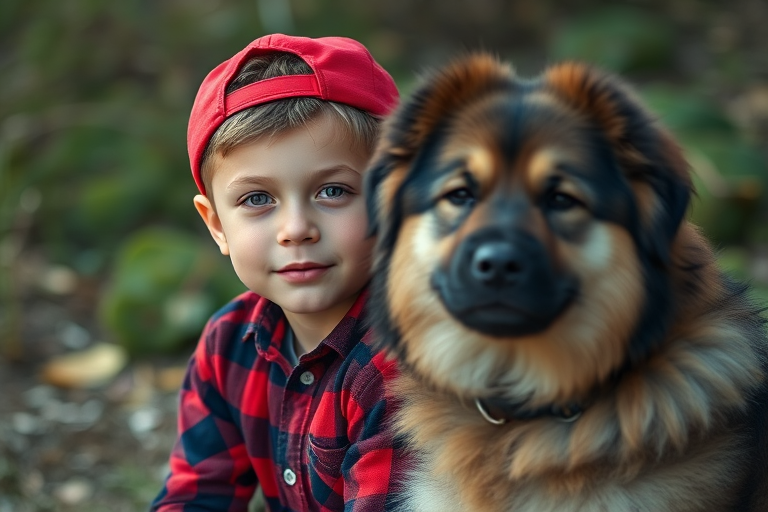 Capture a portrait of a boy wearing a red cap and a red and black checkered shirt sitting next to a fluffy dog in a natural setting, using a DSLR camera with a 50mm lens, aperture f/2.8, ISO 100, natural lighting, focus on the boy's expression and the dog's fur texture, shallow depth of field to blur the background.