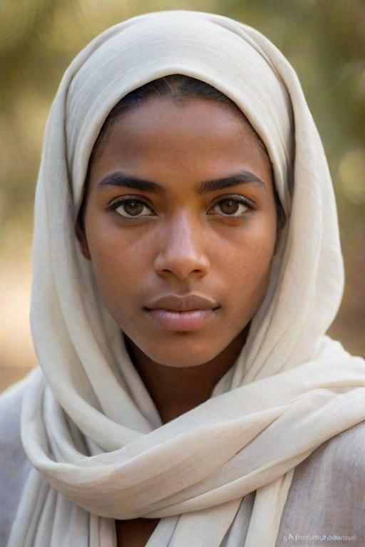 Create a portrait of a young Cape Verdean male with long, dark hair and captivating hazel eyes. She is wearing a white headscarf and a matching scarf draped gracefully around her neck. The background is softly blurred, focusing attention on her serene and natural expression. The overall color palette is muted and warm, enhancing the intimate and authentic feel of the portrait.