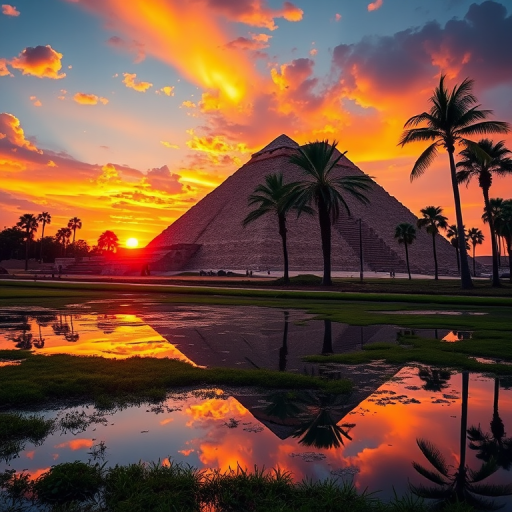generate a landscape image of the pyramids at sunset with palm trees, vibrant colors, high resolution, DSLR camera, 24mm lens, aperture f/8, ISO 100, shot from a low angle to emphasize the foreground and reflections in water