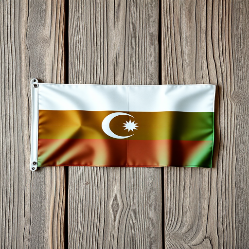 Create a high-resolution image of the Azerbaijan flag on a textured wooden background, using a 50mm lens at f/8, ISO 100, with a shallow depth of field and natural lighting, capturing vibrant colors and fine details in a frontal view.