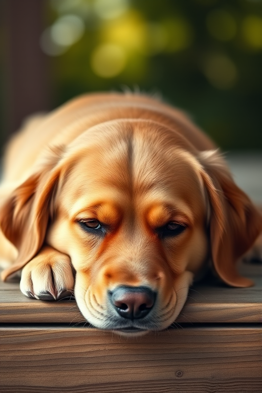 Create a high-resolution image of a sad golden retriever resting its head on a wooden surface, with soft bokeh background, using a DSLR camera, aperture f/2.8, shutter speed 1/200s, ISO 100, in portrait orientation, capturing natural light for a warm palette.