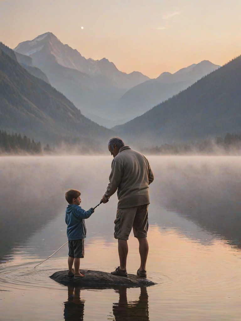 Warmly lit, intimate photo of a father teaching his young son how to fish at dawn, soft mist rising from the lake, with distant mountains bathed in pastel hues from the rising sun.