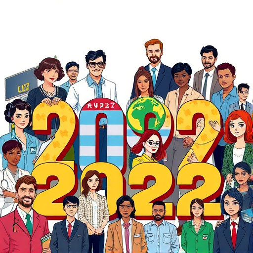Create a vibrant illustration depicting a diverse group of professionals representing different occupations around the bold text "2022" in colorful letters, using a digital art style, with a focus on sharp details and vibrant colors, captured in a high-resolution format with a DSLR camera set to f/8 aperture, ISO 100, and a wide-angle lens at 24mm for depth of field enhancement.