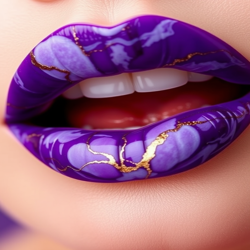 Vivid purple lips with marble swirls in white and gold, called "Amethyst Aura," feature a high-shine finish and subtle duochrome effect for luxurious evening events