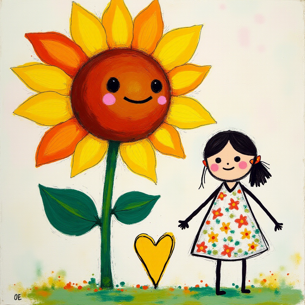 Stylized impressionism painting of a large sunflower with an oversized center and colorful petals. Beside, a young female character with eyes represented by dots and a mouth by a line, pink cheeks, hair attached, arms and legs a black line, flowery white dress triangle shape. A yellow heart surrounded by a black line between the two. Textured background with touches of colorful paint. Childish style.