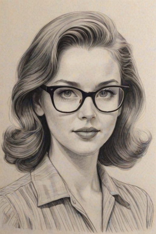 Resplendent Haley Ramm, pencil sketch, portrait of Resplendent woman 1940s in glasses, hair style beatnik, outline, clear lines, fine lines, 8k